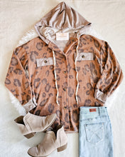 Load image into Gallery viewer, MOCHA ANIMAL PRINT BUTTON DOWN HOODIE JACKET TOP
