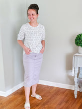 Load image into Gallery viewer, REG. &amp; PLUS LAVENDER MIDI DENIM SKIRT
