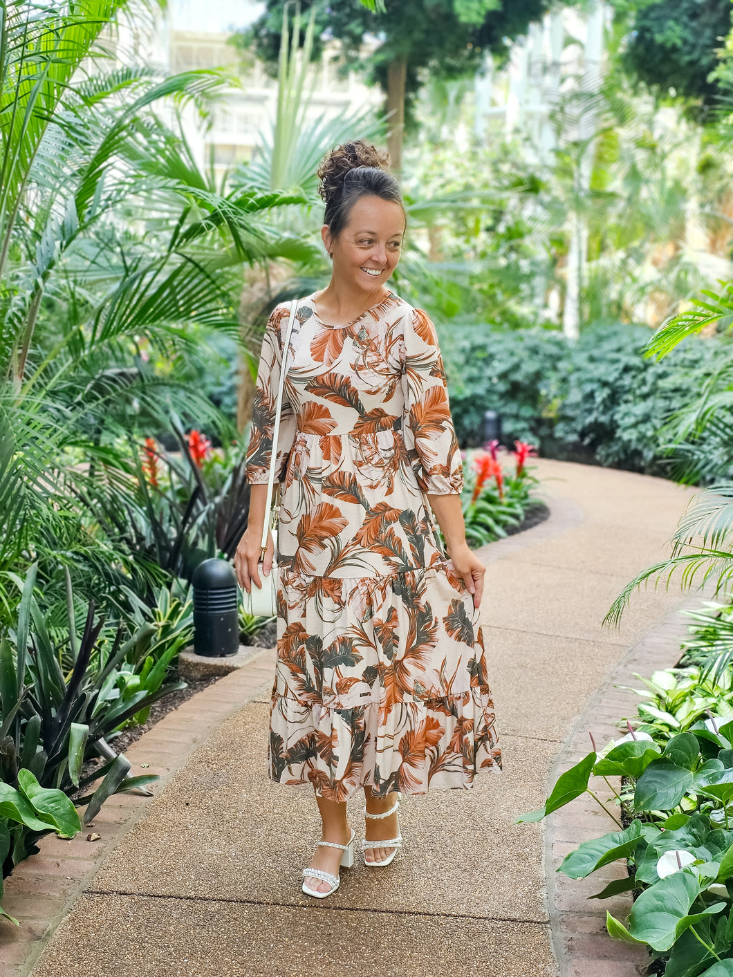 REG. & PLUS TROPICAL CARAMEL MIDI DRESS