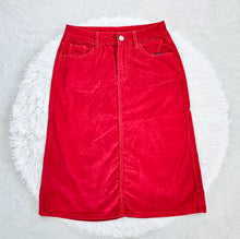 Load image into Gallery viewer, REG. &amp; PLUS RED VELVET MIDI DENIM SKIRT
