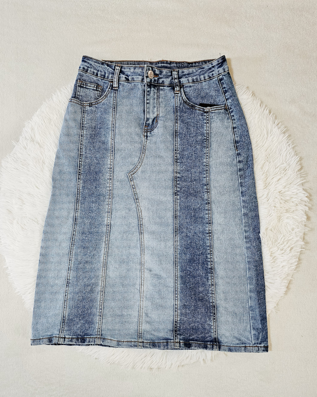 REG. & PLUS VERTICAL PANELING MIDI DENIM SKIRT