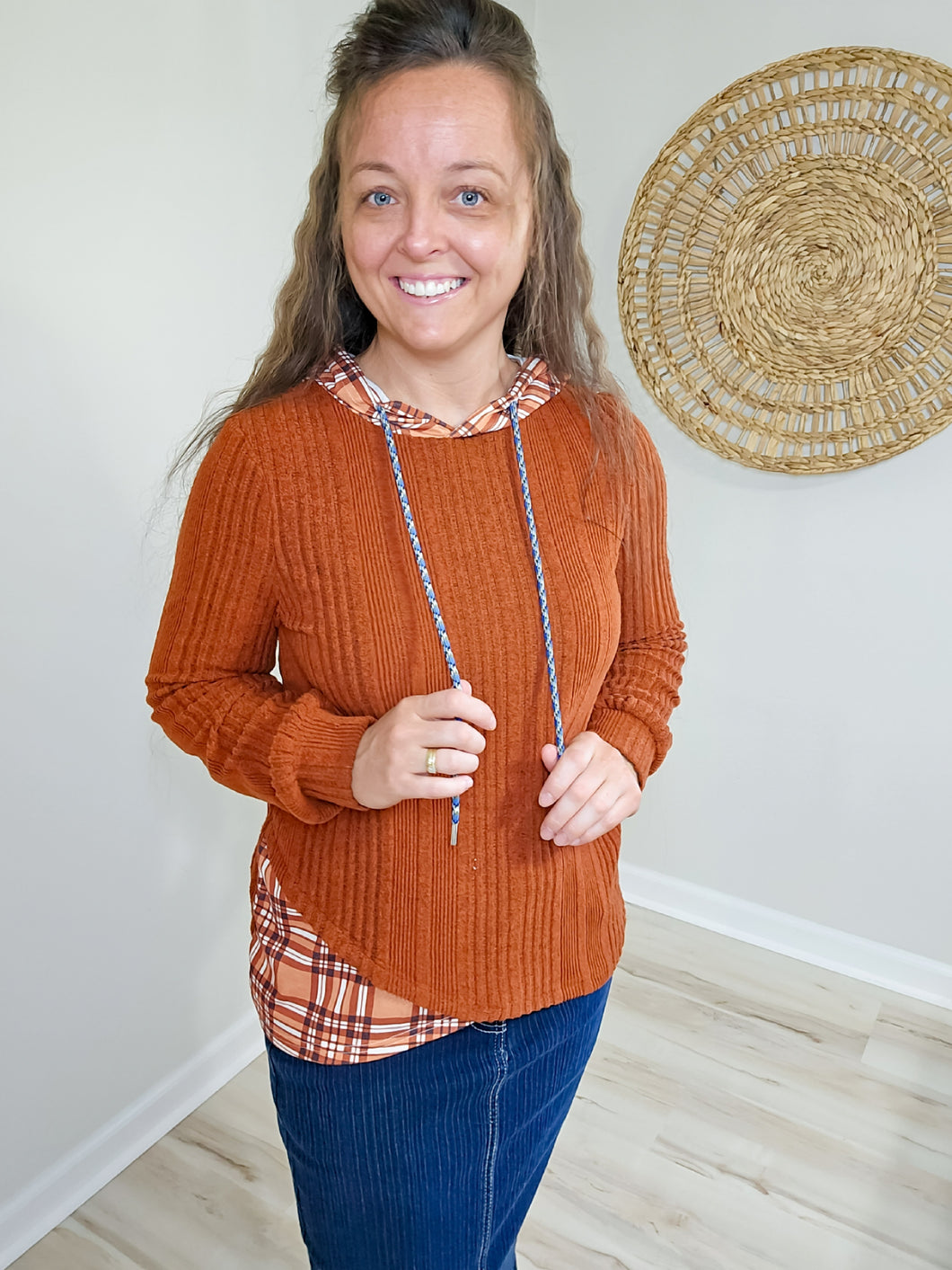 PLAID PATCHWORK DRAWSTRING HOODED TOP