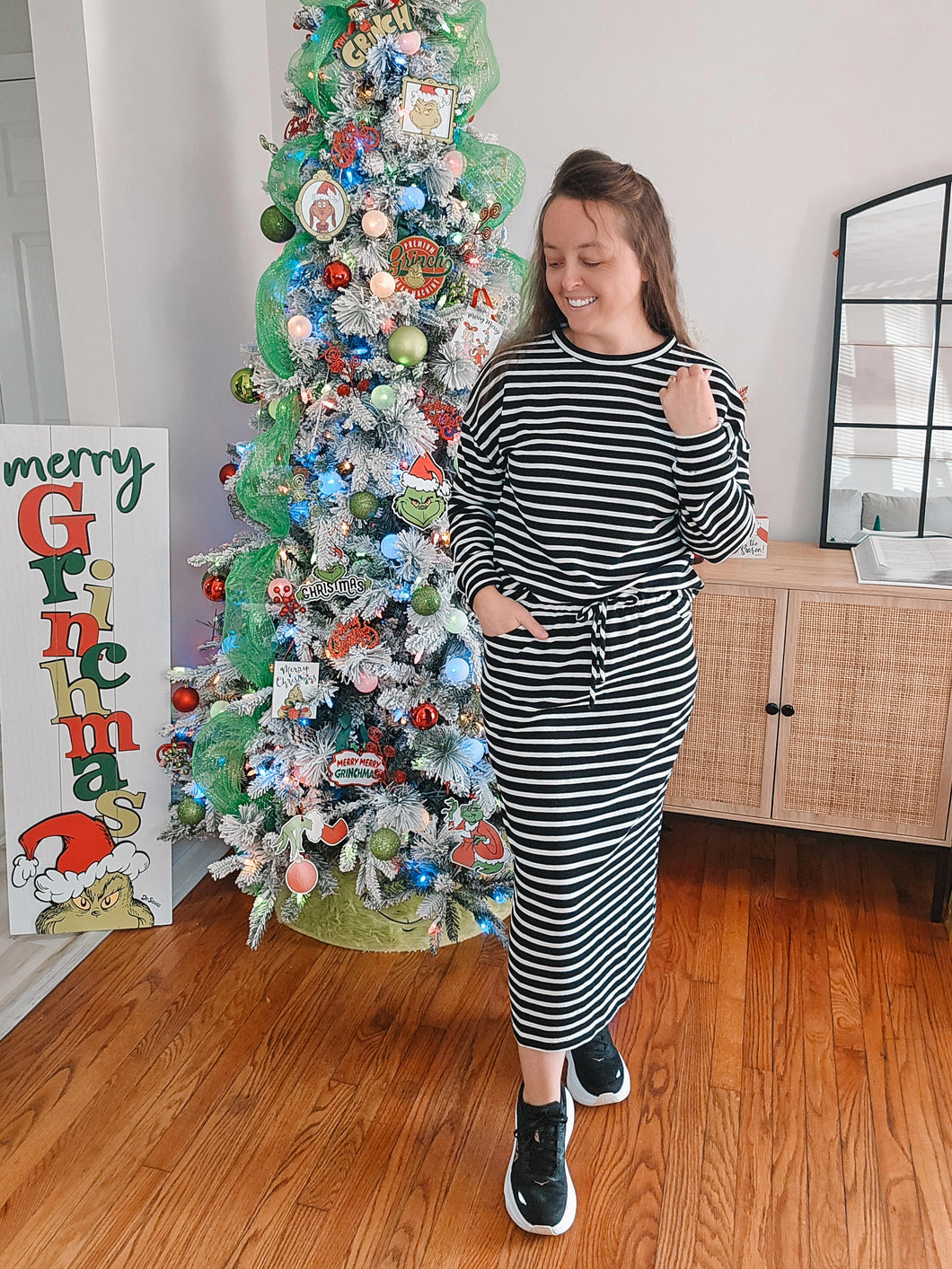 REG. & PLUS BLACK STRIPE SWEATER SET (TOP & SKIRT)