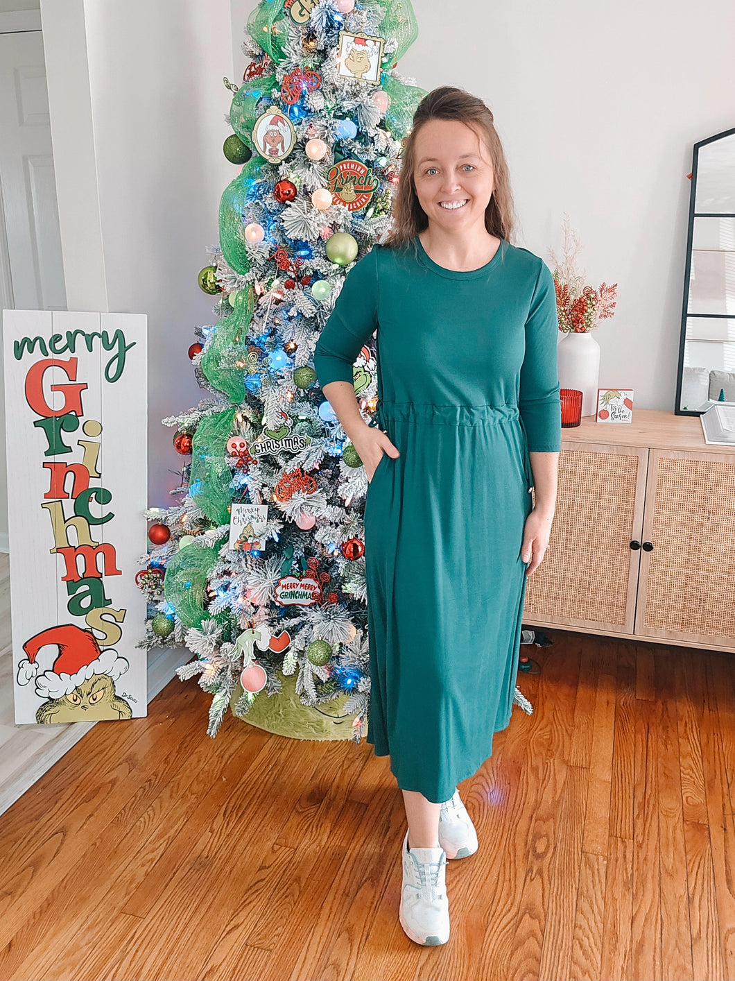 REG. & PLUS FOREST GREEN DRAWSTRING LOUNGE DRESS