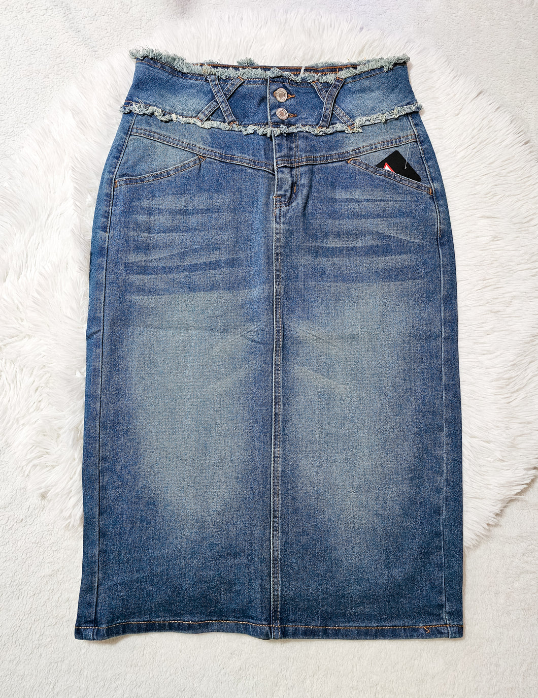 REG. & PLUS VINTAGE WASH FRAYED WAISTBAND MIDI DENIM SKIRT