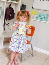 Load image into Gallery viewer, KIDS PURPLE/LIME TWIRL MIDI DRESS
