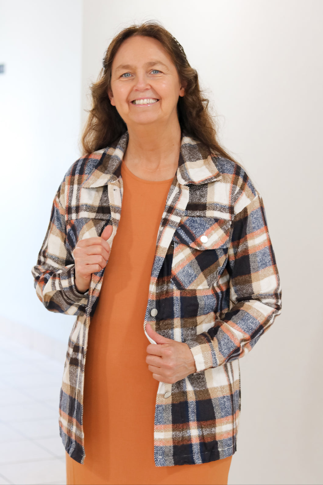 REG. & PLUS PLAID POCKETED TOP