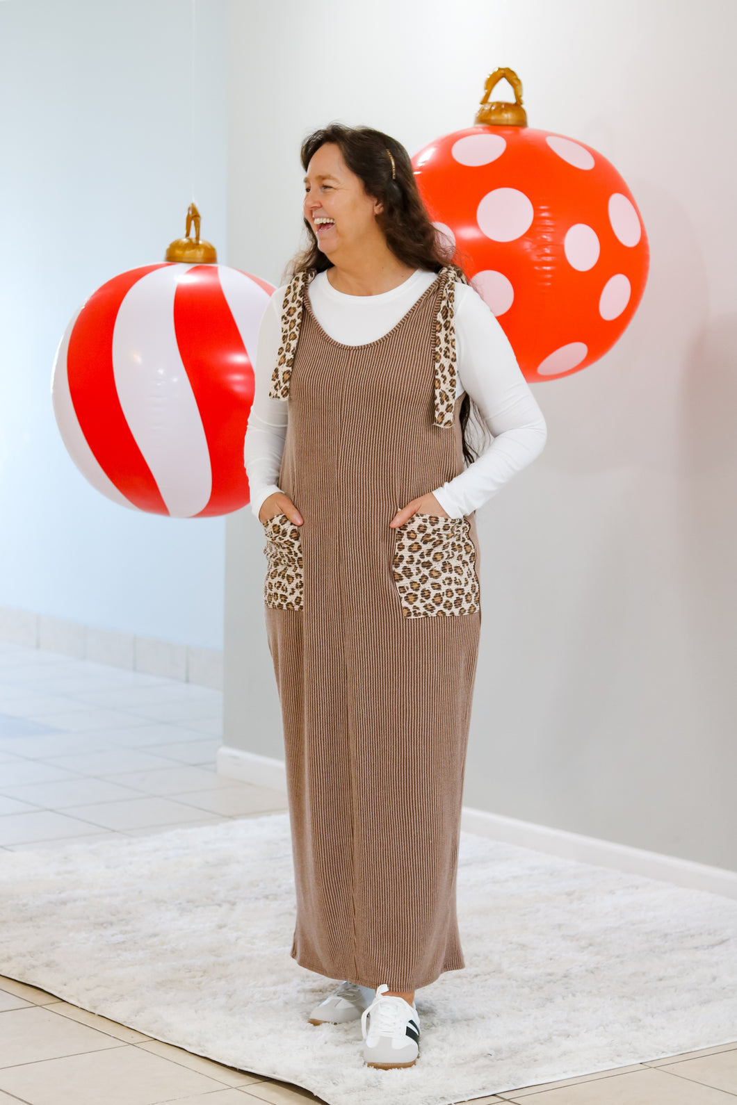 REG. & PLUS BROWN/LEOPARD RIB OVERALL DRESS