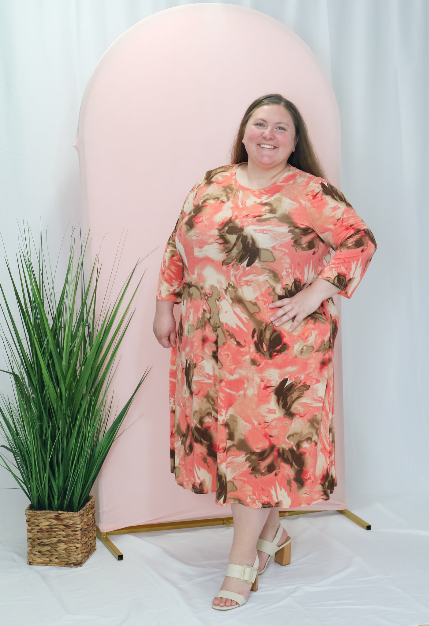 REG. & PLUS PEACH/BROWN A LINE MIDI DRESS Just Peachy Boutique By Jessica Browning REG. & PLUS PEACH/BROWN A LINE MIDI DRESS Just Peachy Boutique By Jessica Browning
