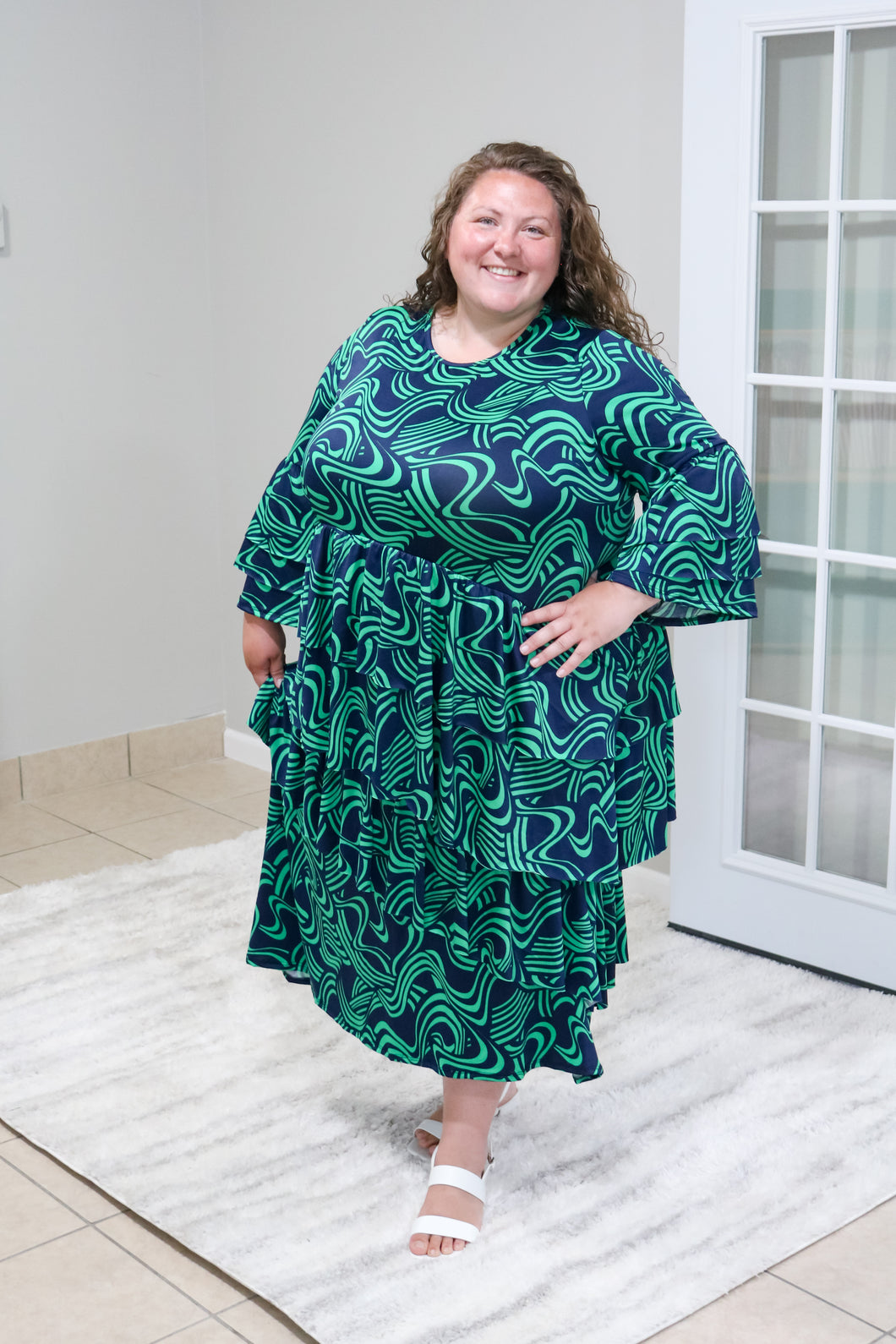 REG. & PLUS NAVY/GREEN ASYMMETRICAL RUFFLE DRESS