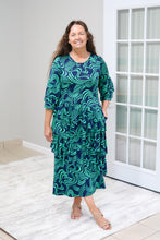 Load image into Gallery viewer, REG. &amp; PLUS NAVY/GREEN ASYMMETRICAL RUFFLE DRESS
