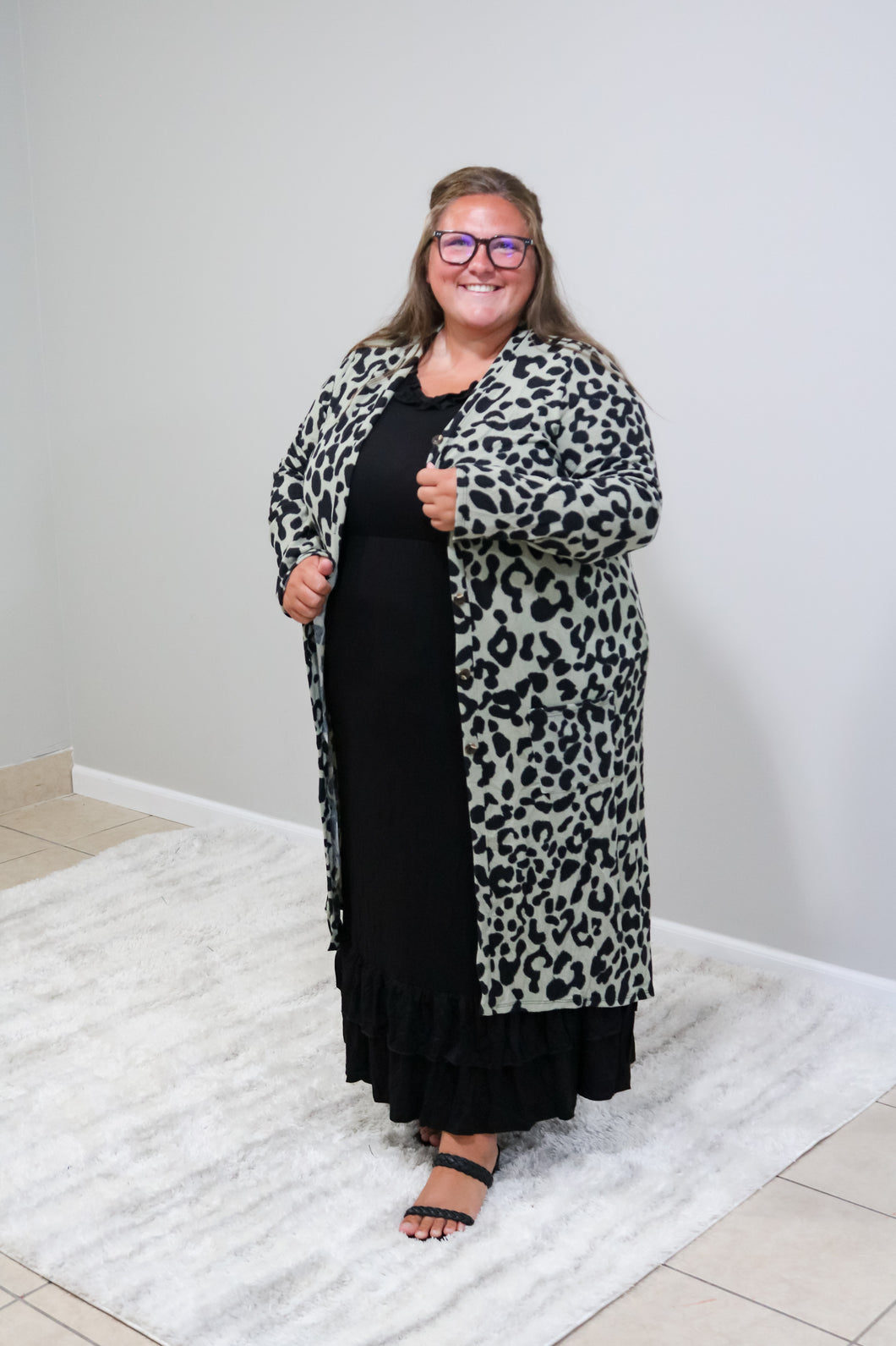 PLUS OLIVE LEOPARD LONG CARDIGAN TOP