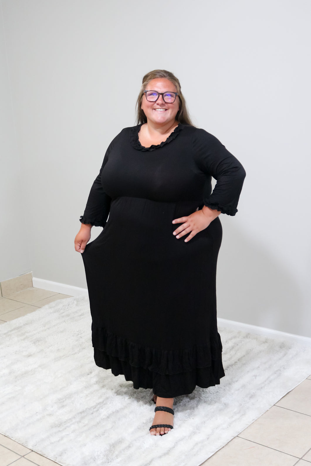 PLUS BLACK MIDI DRESS W/ RUFFLE HEMLINES