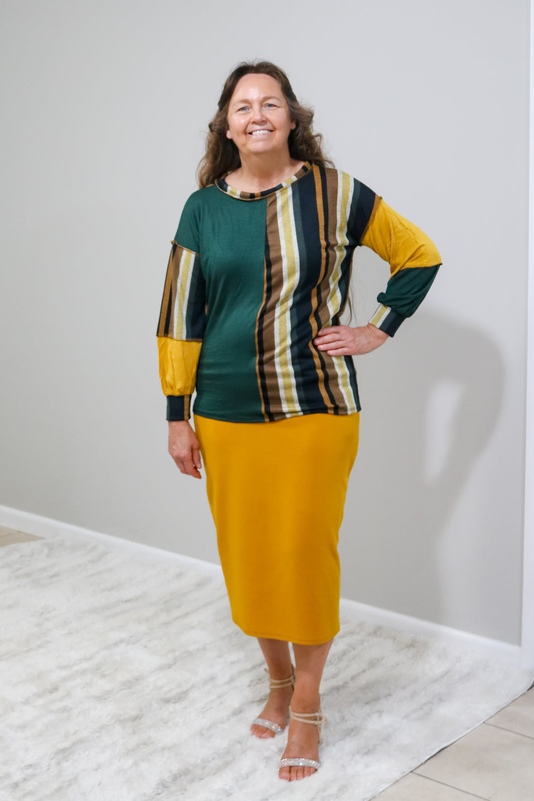 REG. & PLUS HUNTER GREEN VERTICAL STRIPE TOP