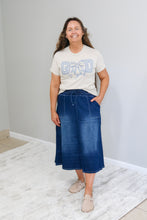 Load image into Gallery viewer, REG. &amp; PLUS A-LINE ADJUSTABLE DRAWSTRING MIDI DENIM SKIRT
