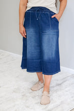 Load image into Gallery viewer, REG. &amp; PLUS A-LINE ADJUSTABLE DRAWSTRING MIDI DENIM SKIRT
