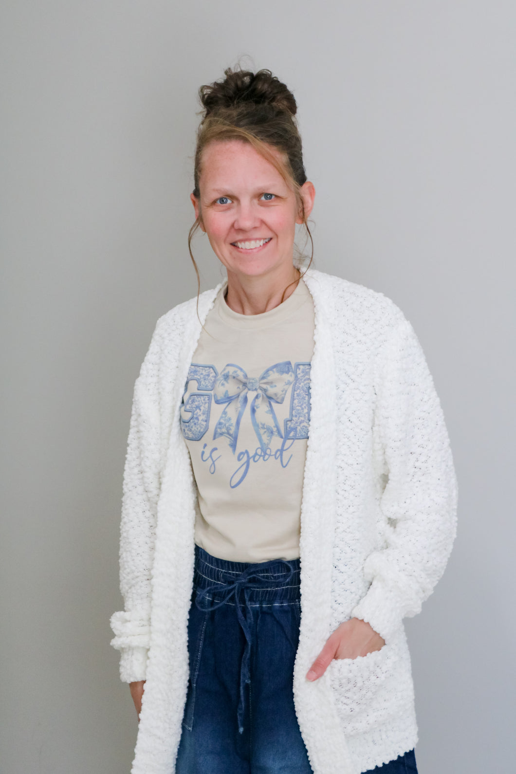 IVORY POPCORN CARDIGAN TOP