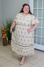 Load image into Gallery viewer, REG. &amp; PLUS CREAM/OLIVE PRINTED MIDI DRESS
