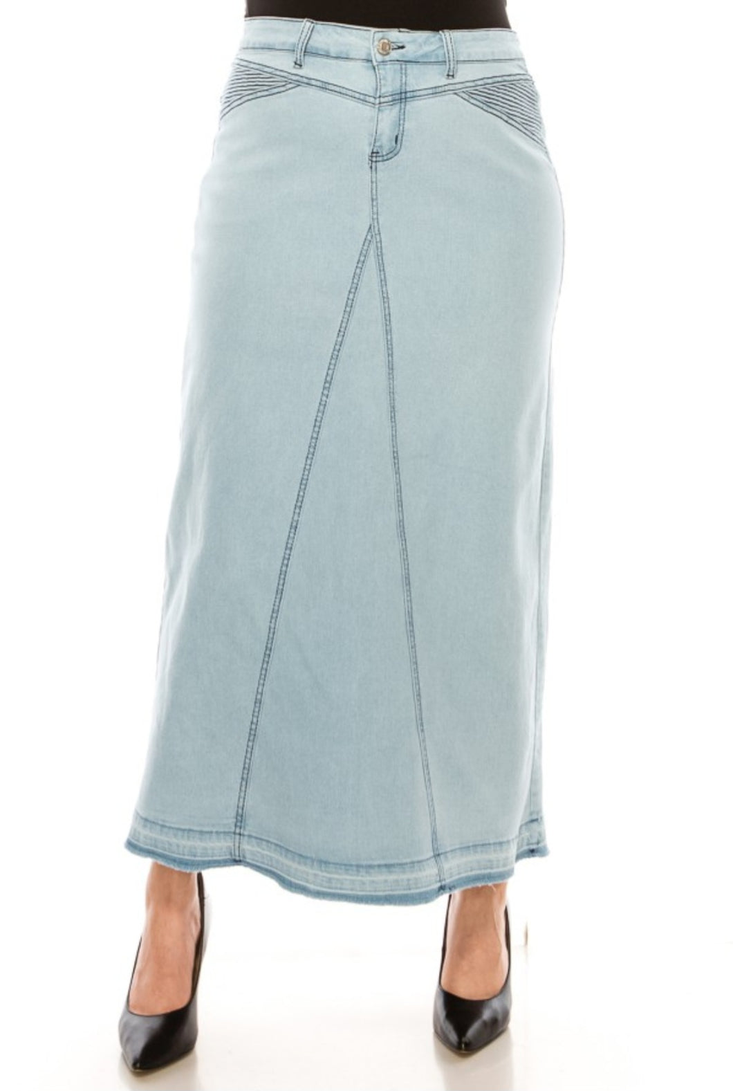 REG. & PLUS LIGHT TRIANGLE CUT LONG DENIM SKIRT