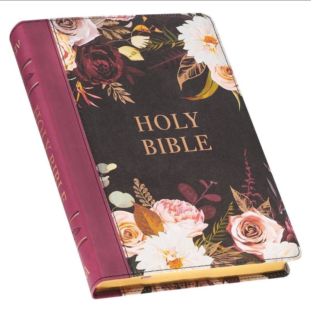 BLACK & BURGUNDY FLORAL FAUX LEATHER KJV BIBLE