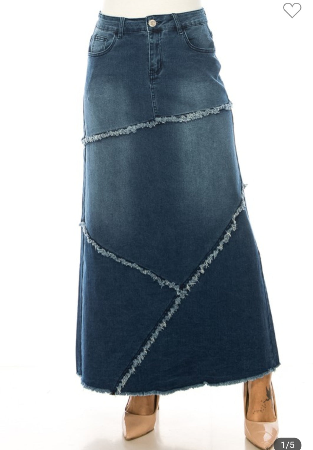 REG. & PLUS FRAYED DETAIL LONG DENIM SKIRT