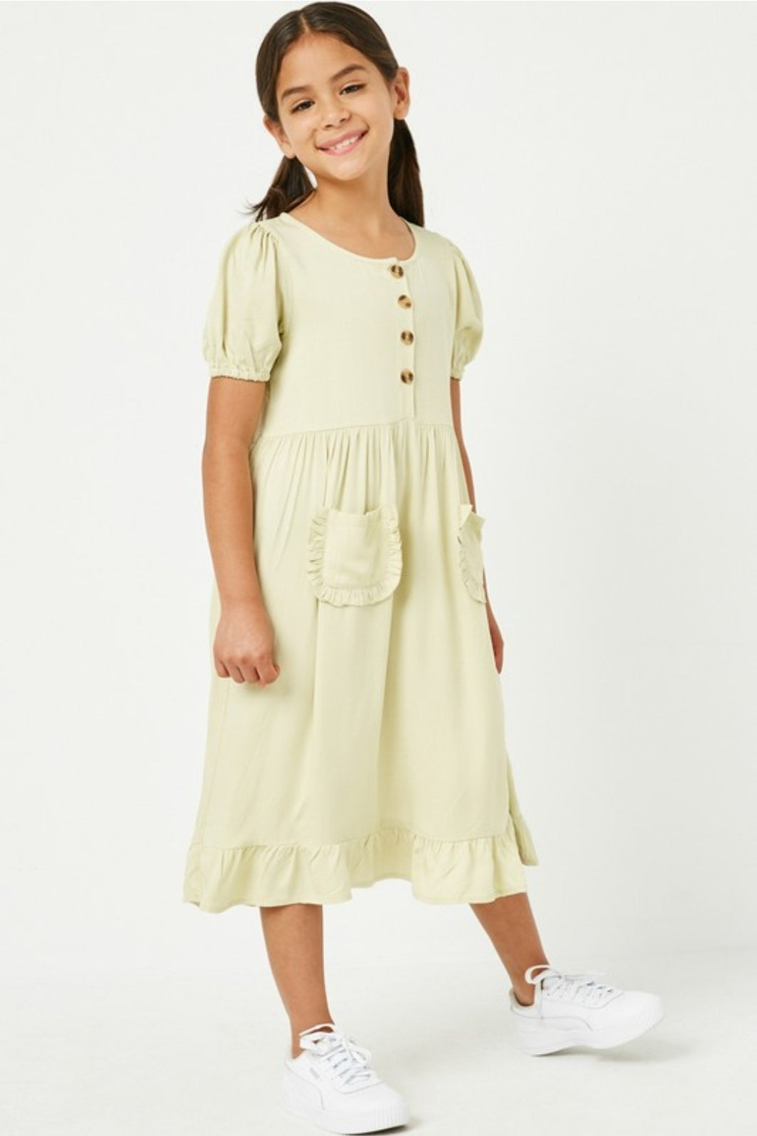 KIDS SAGE RUFFLED POCKET BUTTONED DRESS