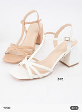 Load image into Gallery viewer, WHITE T STRAP SQUARE TOE BLOCK HEEL SANDALS
