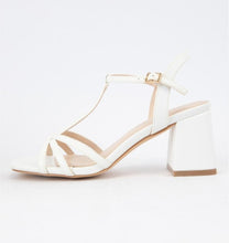 Load image into Gallery viewer, WHITE T STRAP SQUARE TOE BLOCK HEEL SANDALS
