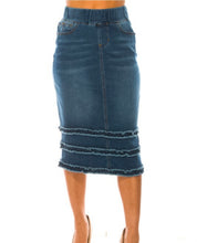 Load image into Gallery viewer, REG. &amp; PLUS FRAYED BAND MIDI DENIM SKIRT
