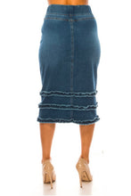 Load image into Gallery viewer, REG. &amp; PLUS FRAYED BAND MIDI DENIM SKIRT
